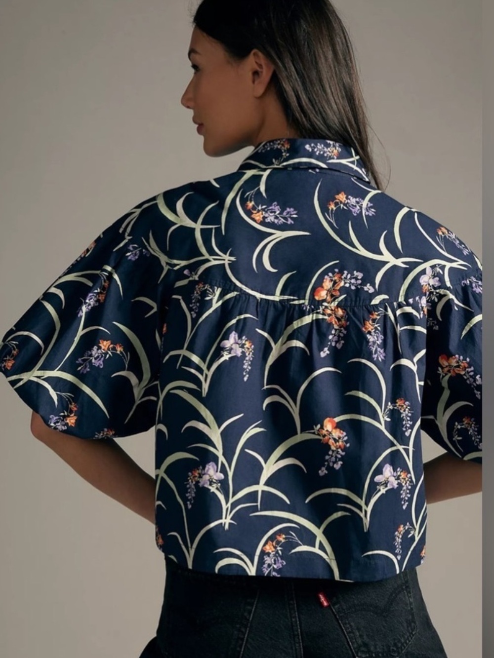 Anthro Maeve Bubble Sleeve Cotton Floral Blouse size Small Navy - Picture 3 of 5